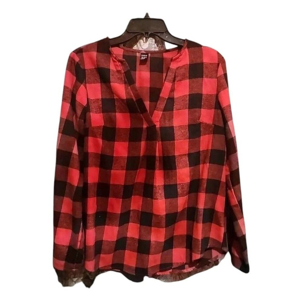 SHEIN Women’s Plaid Shirt Medium Black Red Long Sleeve Button Up